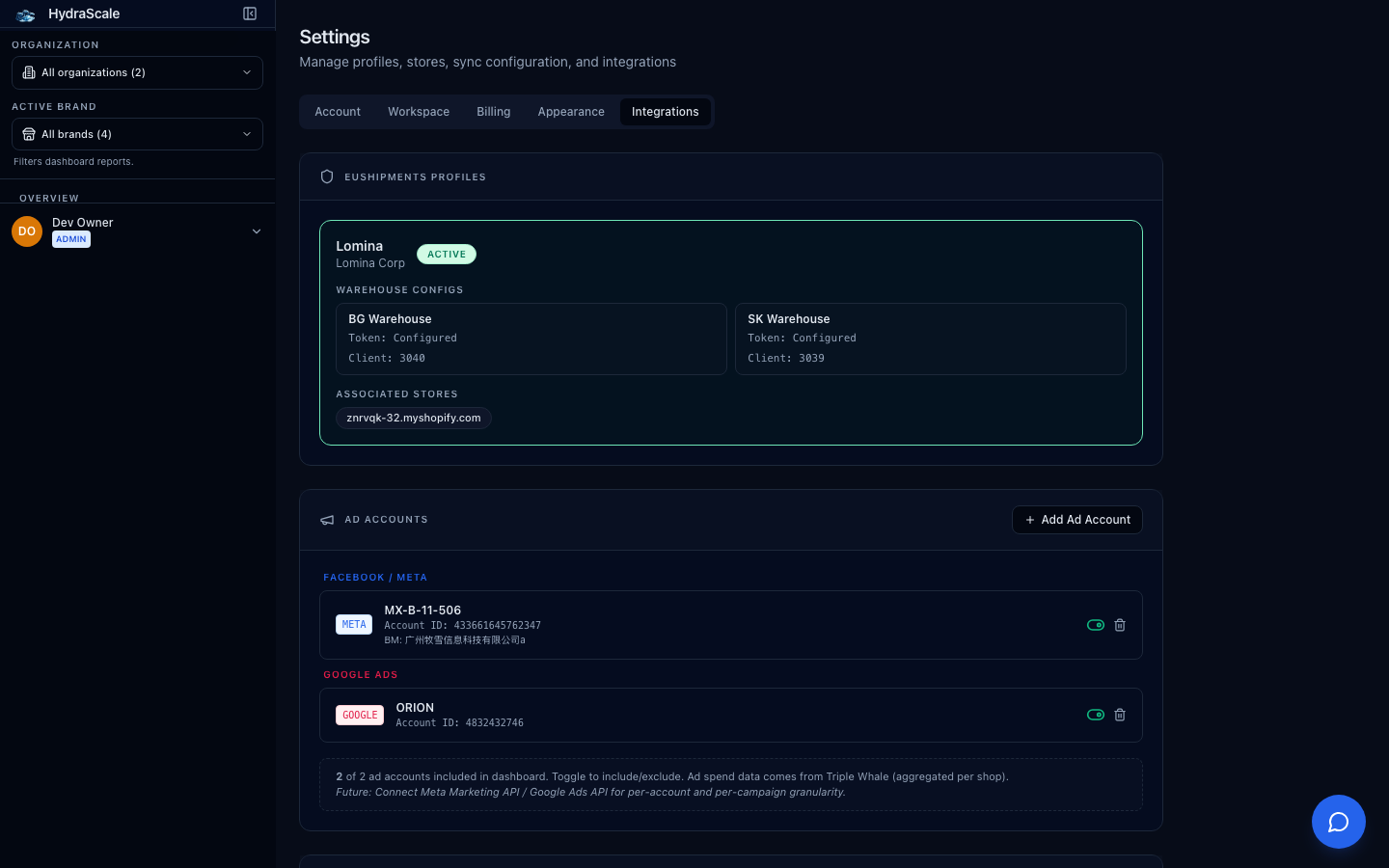 Settings in HydraScale